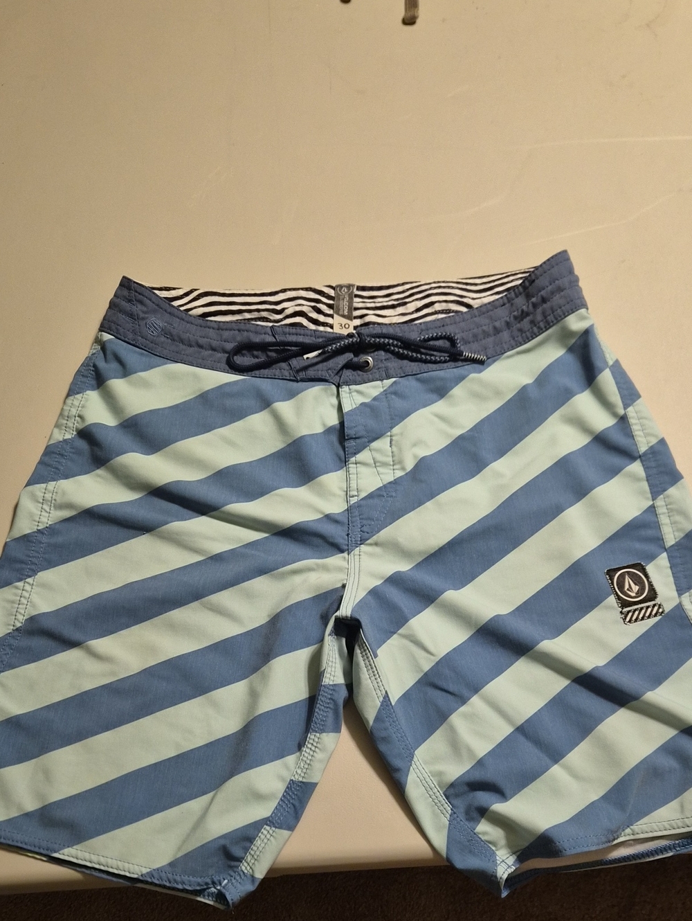 Volcom Men’s Light Blue and Navy Diagonal Stripe Board Shorts